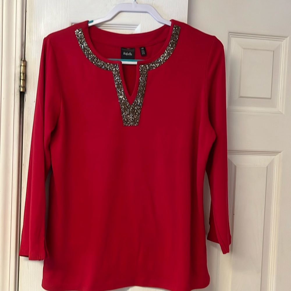 Rafaella Red with Silver Gray Sparkles 3/4 Length V-Neck Top